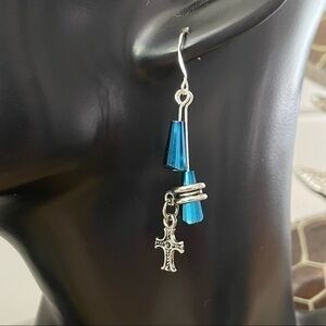 2/$29 Handmade Blue Swarovski Crystal & Cross Dangle Earrings 2.25” NWT